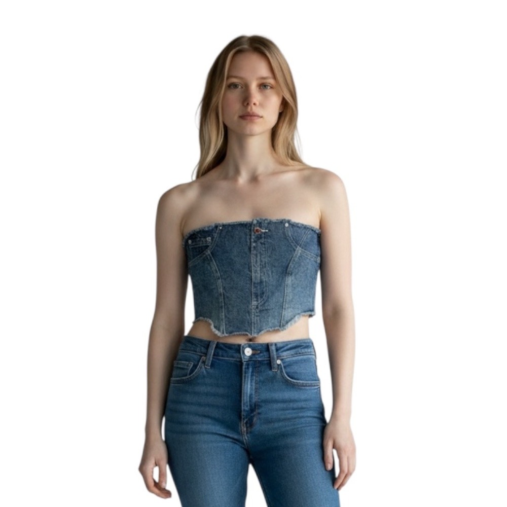 Maniere De Voir Denim Corset Top 12 Blue Frayed Hem Strapless Y2K Streetwear
